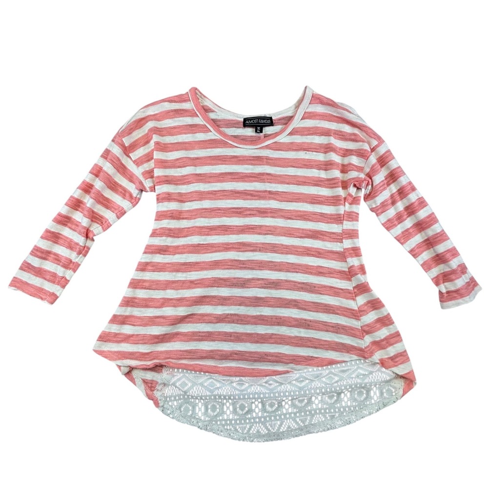 Almost Famous Shirt Women's XL Pink White Striped Lace Hem Split Back Tunic Top